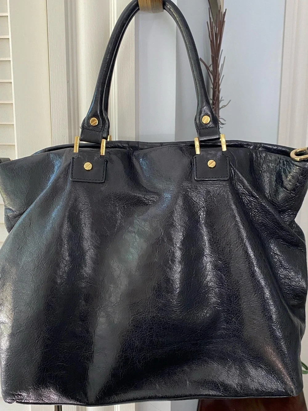 Tory Burch Black Leather Tote with Gold Emblem